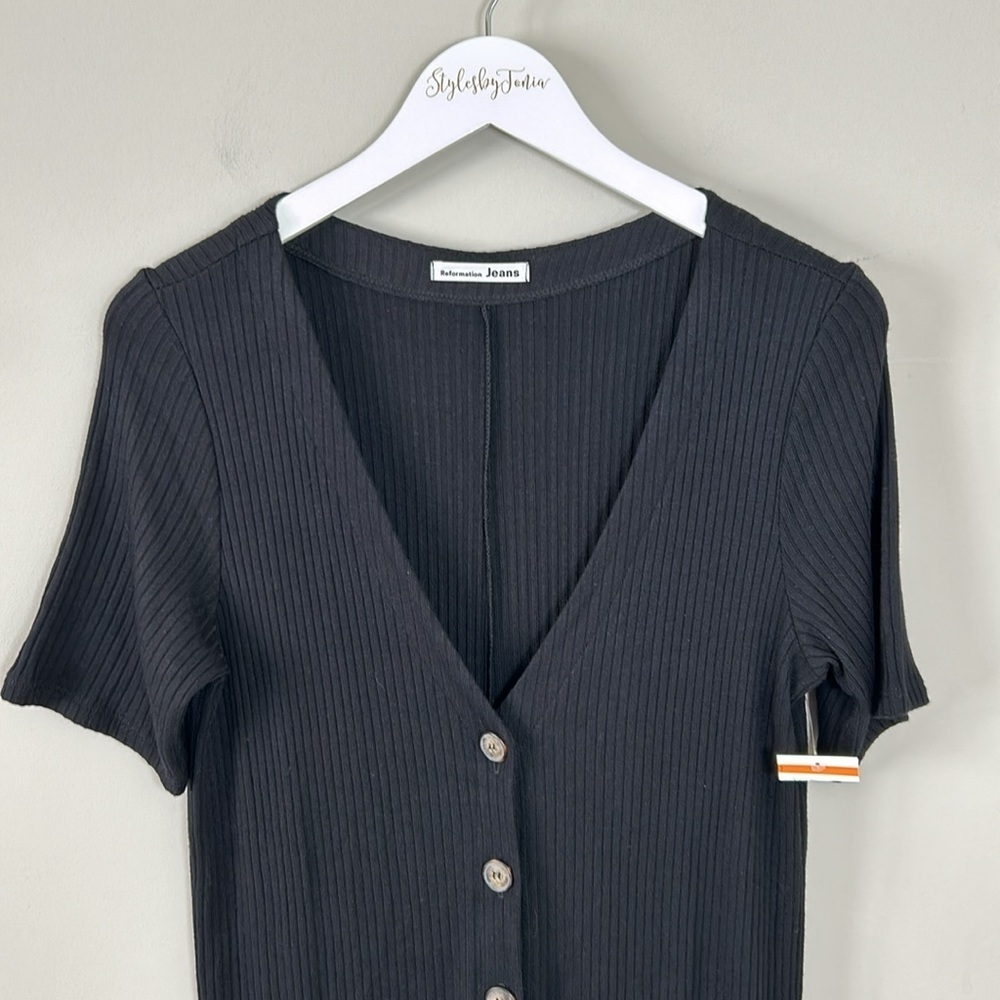 REFORMATION Camille Jumpsuit Ribbed Knit Button V Neck Black Stretch Sz L NEW - Picture 3 of 11